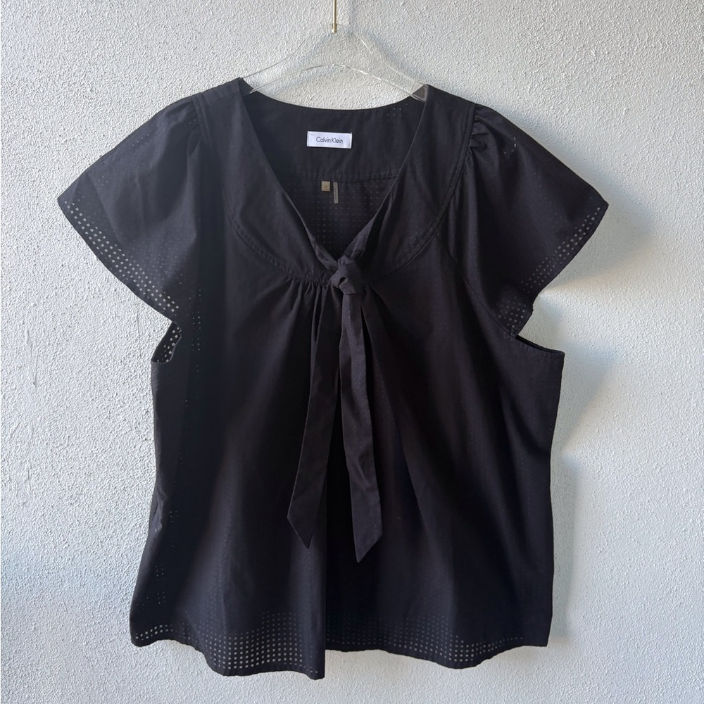 Calvin Klein 3X Black Short Flutter Sleeve Tie Cotton Blend Office Party Boxy